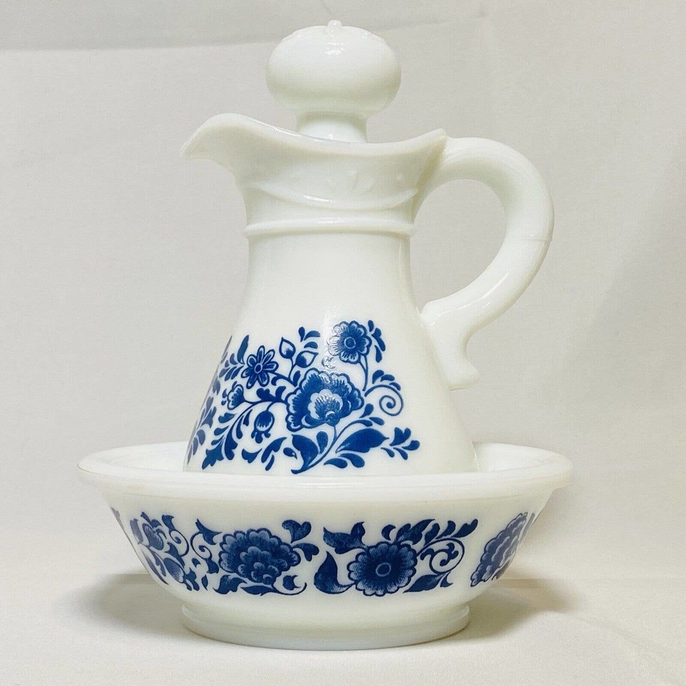 Vintage Avon Delft Blue Pitcher and Bowl EMPTY Milk Glass Floral Design